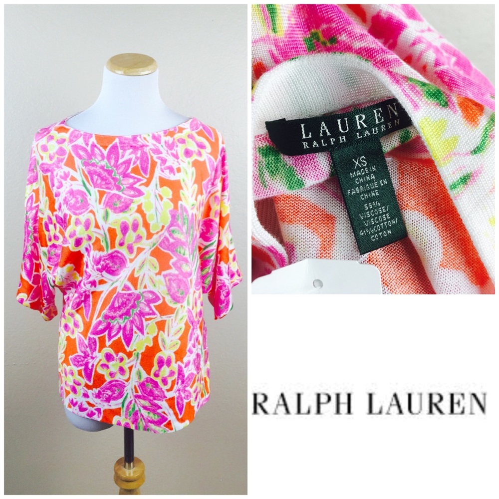 LAUREN RALPH LAUREN Pink Floral NWT Boatneck Dolman Knit Top XS $145 Colorful